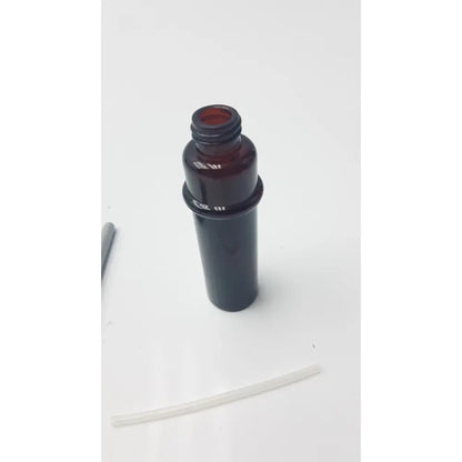 Dark amber glass plastic mist bottle with threaded neck and black plastic cap for amber plastic mist use