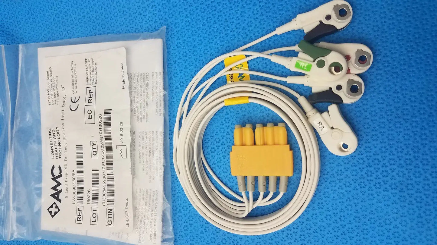 AMC 5-Lead GRPD Disposable ECG Cable – GE Multi-Link to Pinch, Shielded, 50" Disposable 5-Lead ECG Cable, second-hand product photo 1