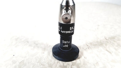 Black and silver 30° microscope objective lens with circular aperture by American Cystoscope Makers FO-8168M microlens
