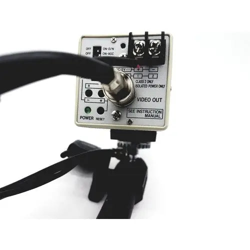 Silver metal video output box with black cables and knobs shown from back side for american dynamics adcshr2412n super high resolution camera