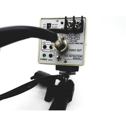 Silver metal video output box with black cables and knobs shown from back side for american dynamics adcshr2412n super high resolution camera