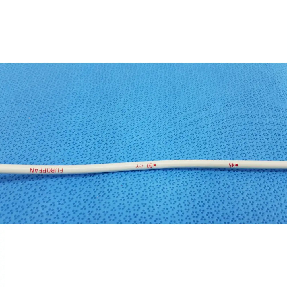 White cable with red printed text and markings of american endoscopy 15fr maloney tapered tungsten-filled esophageal bougie