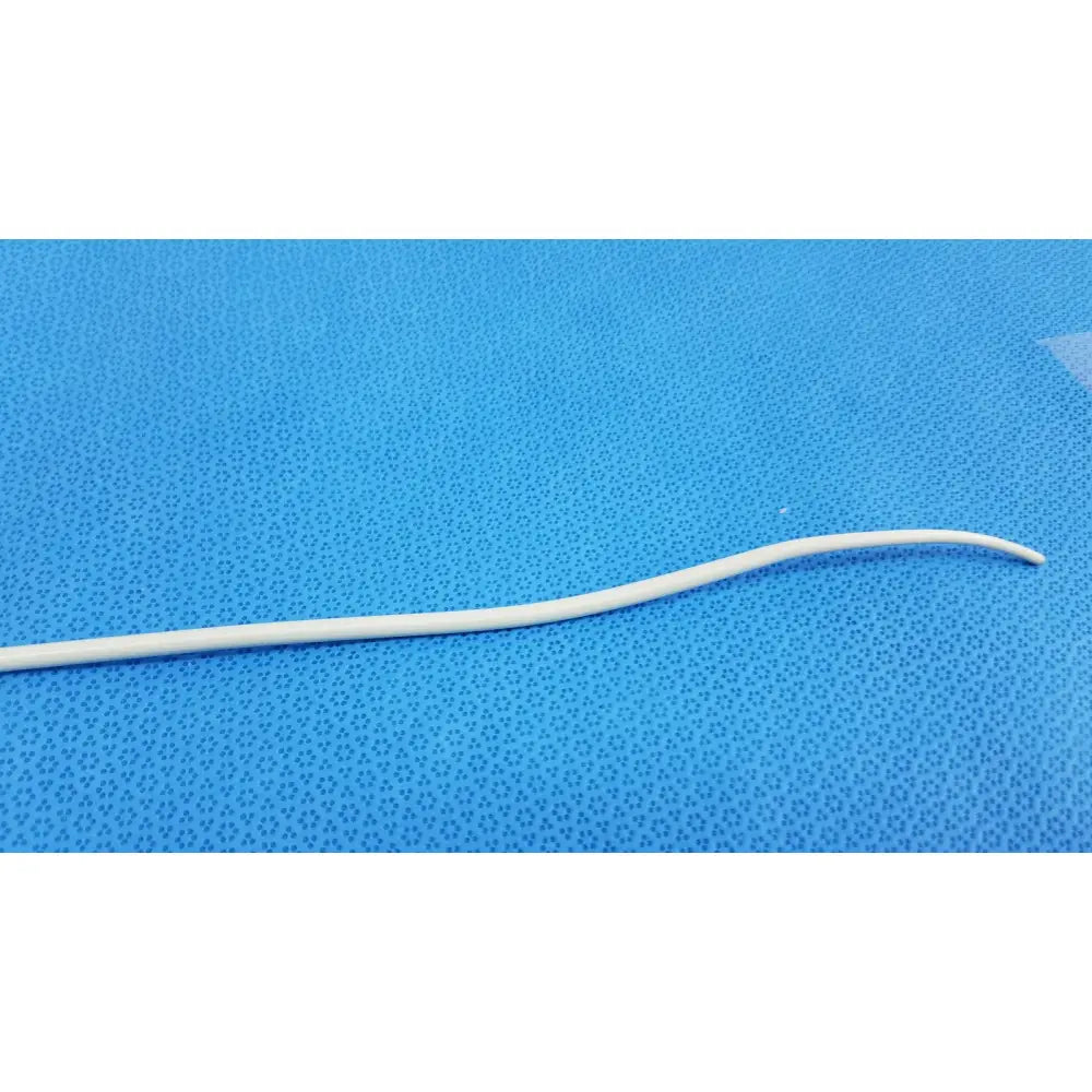 A sleek white silicone endoscopy 15fr maloney tapered tungsten-filled esophageal bougie with smooth curved design
