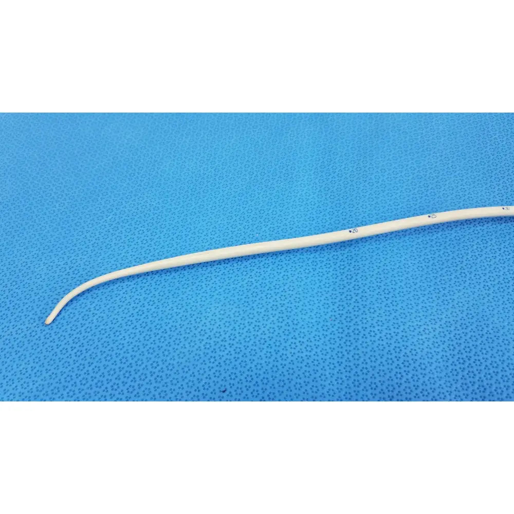 A white flexible american endoscopy 18fr maloney tapered tungsten-filled esophageal bougie with curved tip and markings
