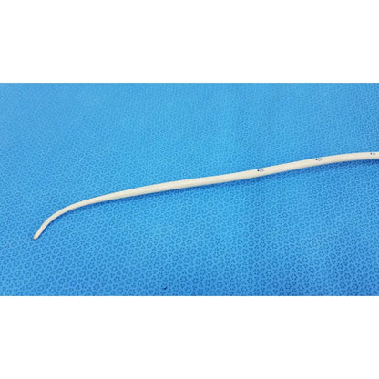 A white flexible american endoscopy 18fr maloney tapered tungsten-filled esophageal bougie with curved tip and markings
