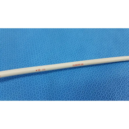 A white cylindrical laboratory thermometer marked 50 cm and european in red used with american endoscopy 24fr maloney