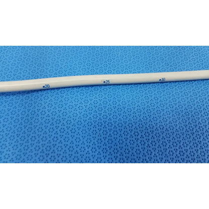 White plastic american endoscopy 24fr maloney tapered tungsten-filled esophageal bougie with blue measurement markings