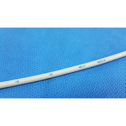 White plastic american endoscopy 27fr maloney tapered tungsten filled esophageal bougie with blue measurement markings