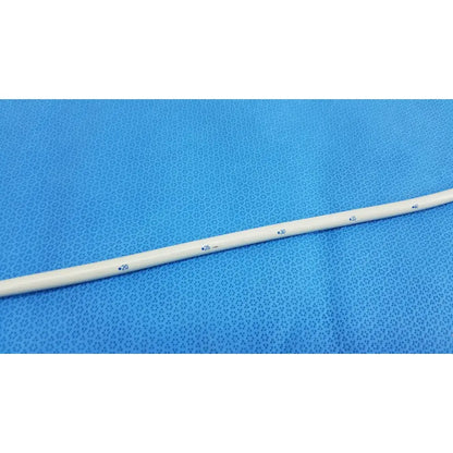 A white smooth-textured american endoscopy 27fr maloney tapered tungsten-filled esophageal bougie with blue markings