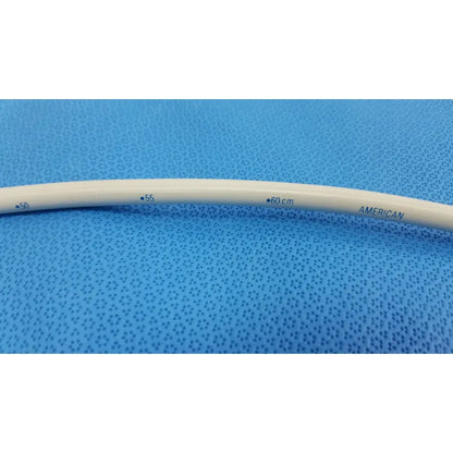 White medical-grade tungsten-filled catheter with measurements and american branding for endoscopy 30fr maloney use