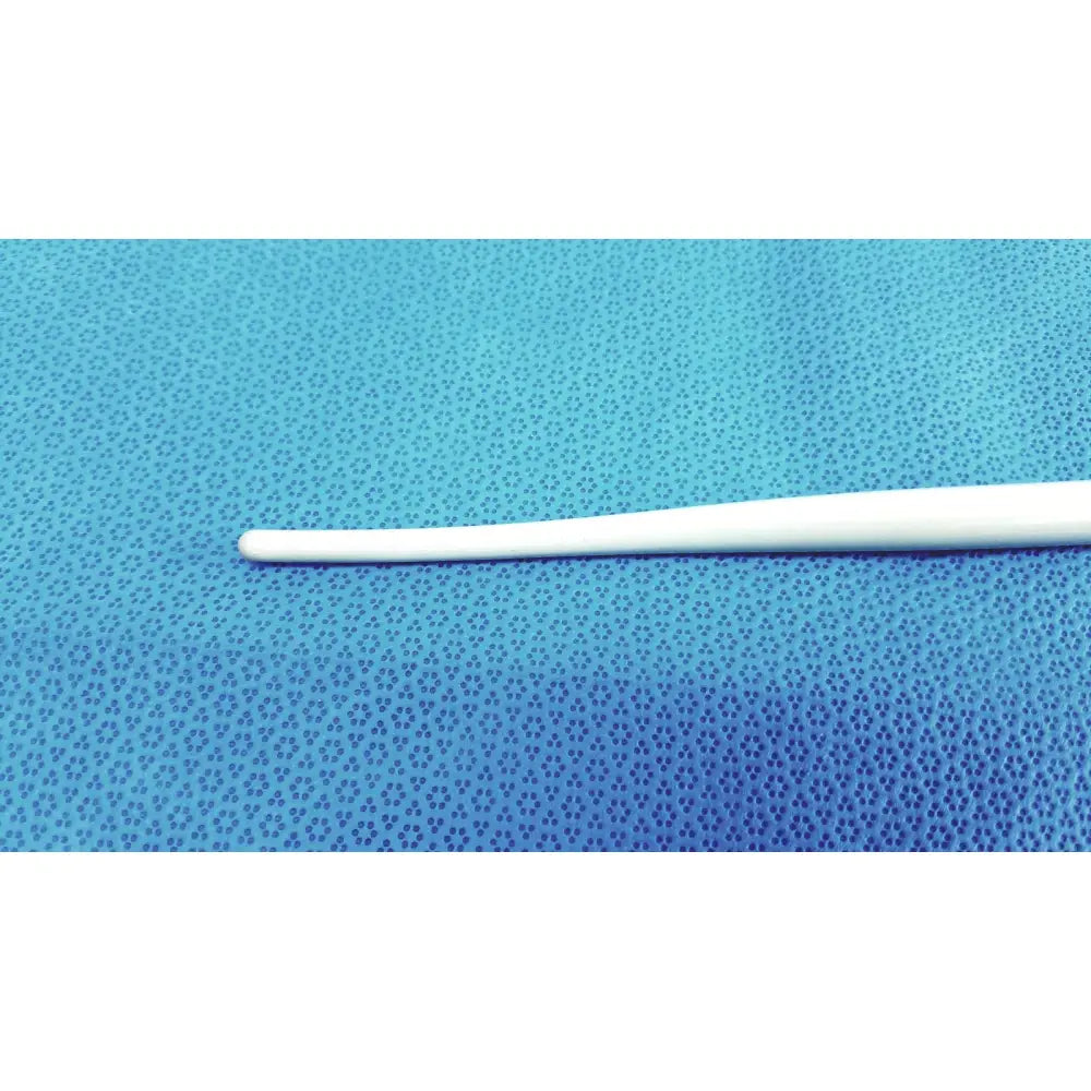 A sleek white plastic tapered handle toothbrush diagonally displayed with american endoscopy 42fr maloney bougie
