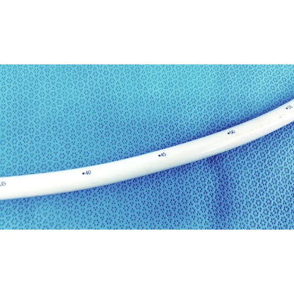 White medical-grade endoscopy 42fr maloney tapered tungsten-filled esophageal bougie with printed measurement markings