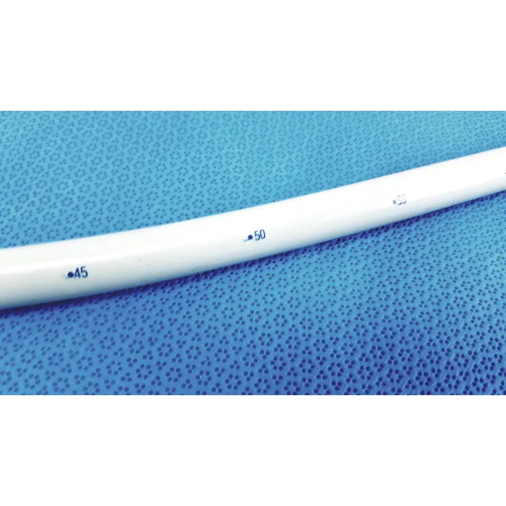 White plastic american endoscopy 48fr maloney tapered tungsten-filled esophageal bougie with blue diameter markings 45 and 50