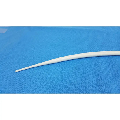 A smooth white elongated american endoscopy 51fr maloney tungsten-filled esophageal bougie with tapered tip on blue surface