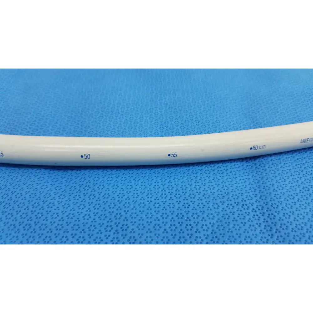 White medical-grade tungsten-filled catheter with blue measurement markings and amer branding for american endoscopy 51fr maloney