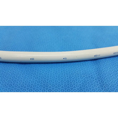 White medical-grade tungsten-filled catheter with blue measurement markings and amer branding for american endoscopy 51fr maloney
