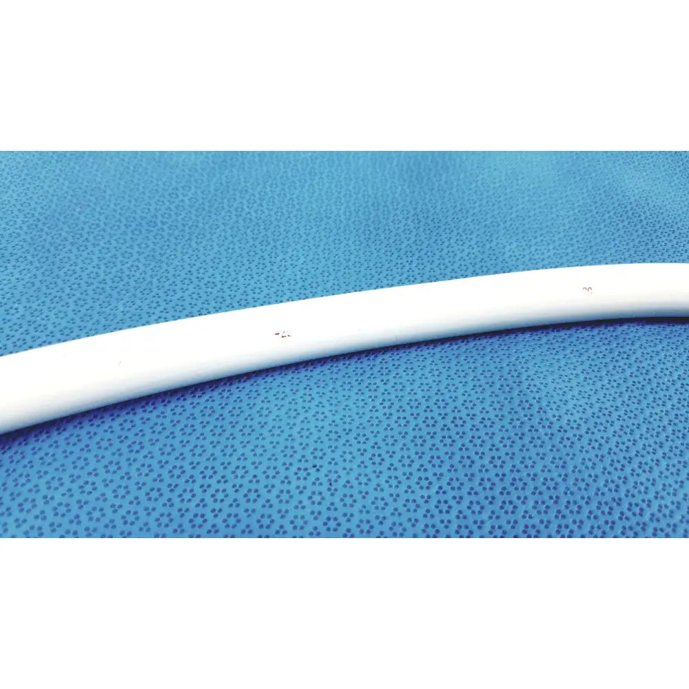 White curved american endoscopy 54fr maloney tapered tungsten-filled esophageal bougie on blue textured background