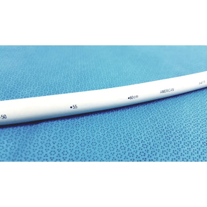 White plastic american endoscopy 54fr maloney tapered tungsten-filled esophageal bougie with measurement markings