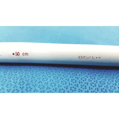 White plastic pipe marked with 50 cm and curt 4 inch for American Endoscopy 54FR Maloney tapered tungsten-filled esophageal bougie