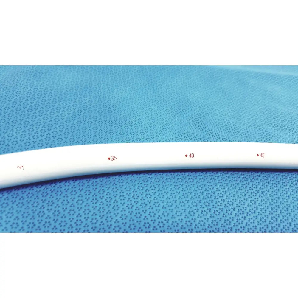White plastic tube with red numerical markings for measurements in american endoscopy 54fr maloney tapered tungsten-filled esophageal bougie