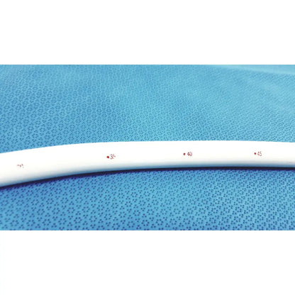 White plastic tube with red numerical markings for measurements in american endoscopy 54fr maloney tapered tungsten-filled esophageal bougie