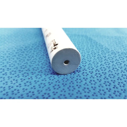 White cylindrical american endoscopy 54fr maloney tapered tungsten-filled esophageal bougie with printed markings and hole