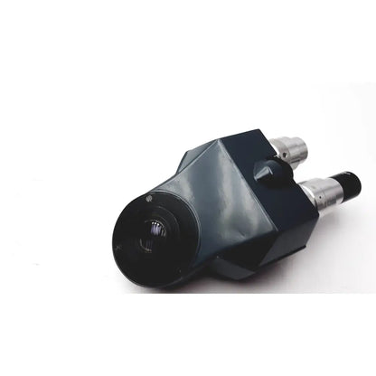 Black dual-lens american optical microstar microscope with metallic eyepiece tubes and glossy binocular head finish