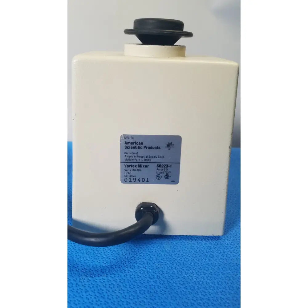 American scientific sp vortex mixer s8223-1 with white rectangular body, black top, and attached power cord for lab use