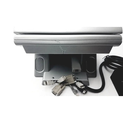 Silver american telecare lifeview laptop stand with integrated speaker grilles and multiple port adapters for home video patient monitor