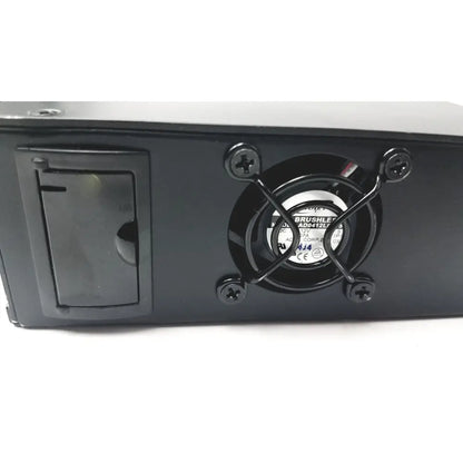 Black plastic brushless fan with metal screws and grille on the back of american telecare lifeview home video patient monitor
