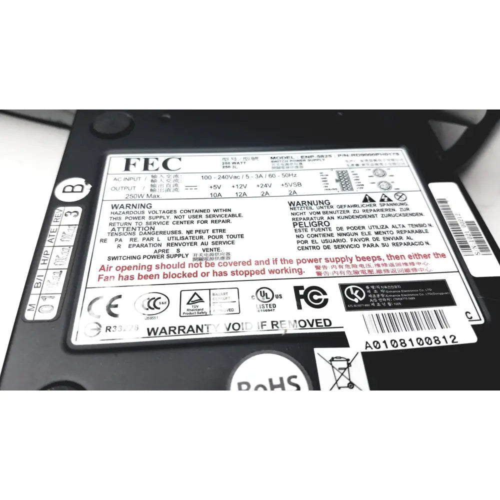 Black plastic power supply label with certifications on the back of american telecare lifeview home video patient monitor