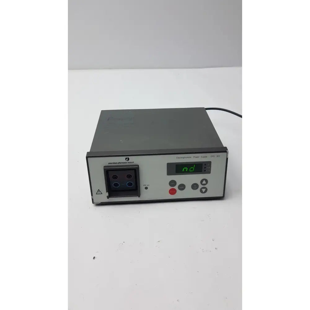 Black and silver amersham pharmaciia biotech power supply eps 301 with digital display showing nd for biotech power supply use