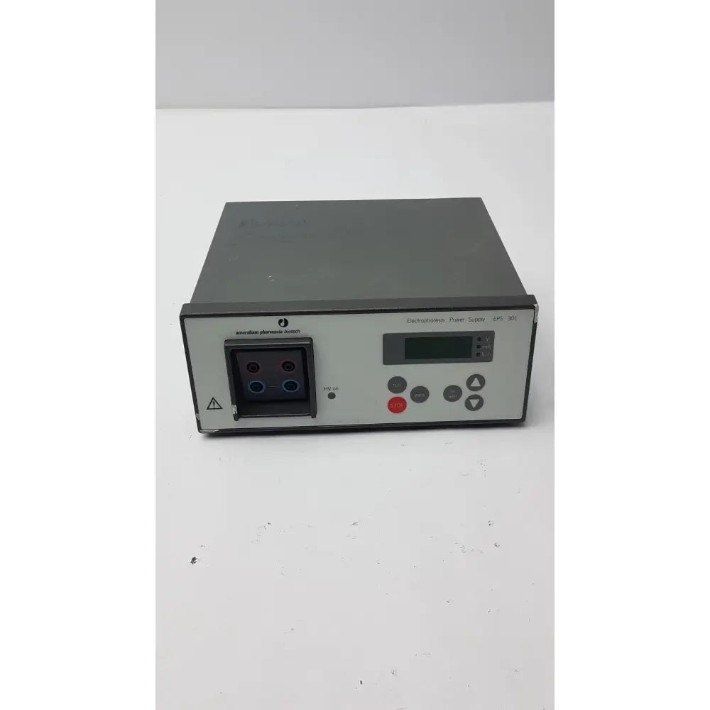 Gray metal amersham pharmaciia biotech power supply eps 301 with digital display and control buttons for electrophoresis
