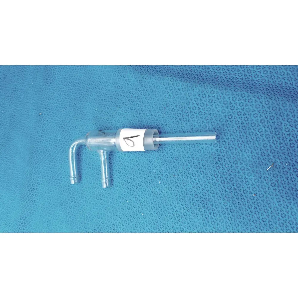 Clear glass aminco 250mm bent hose inlet adapter with silver metal connector and white label 1 for vacuum lab use
