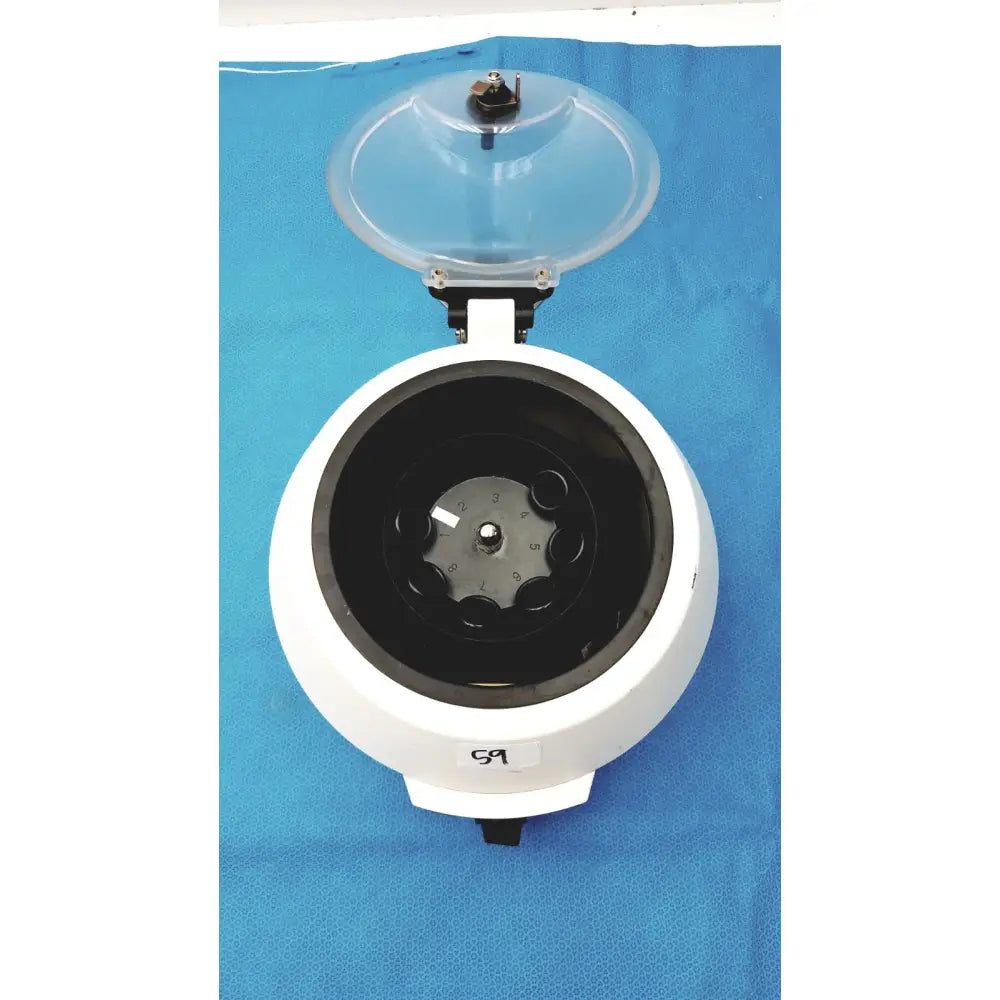 White ample scientific champion e-33 centrifuge with transparent lid and black rotor chamber, 0-30 min timer 3300 rpm
