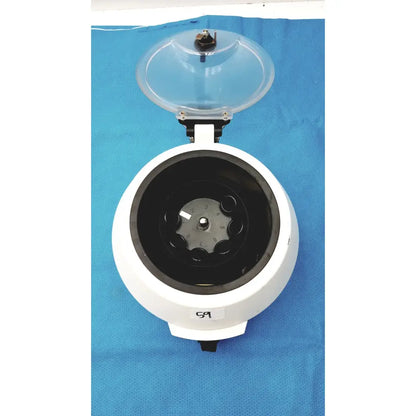 White ample scientific champion e-33 centrifuge with transparent lid and black rotor chamber, 0-30 min timer 3300 rpm