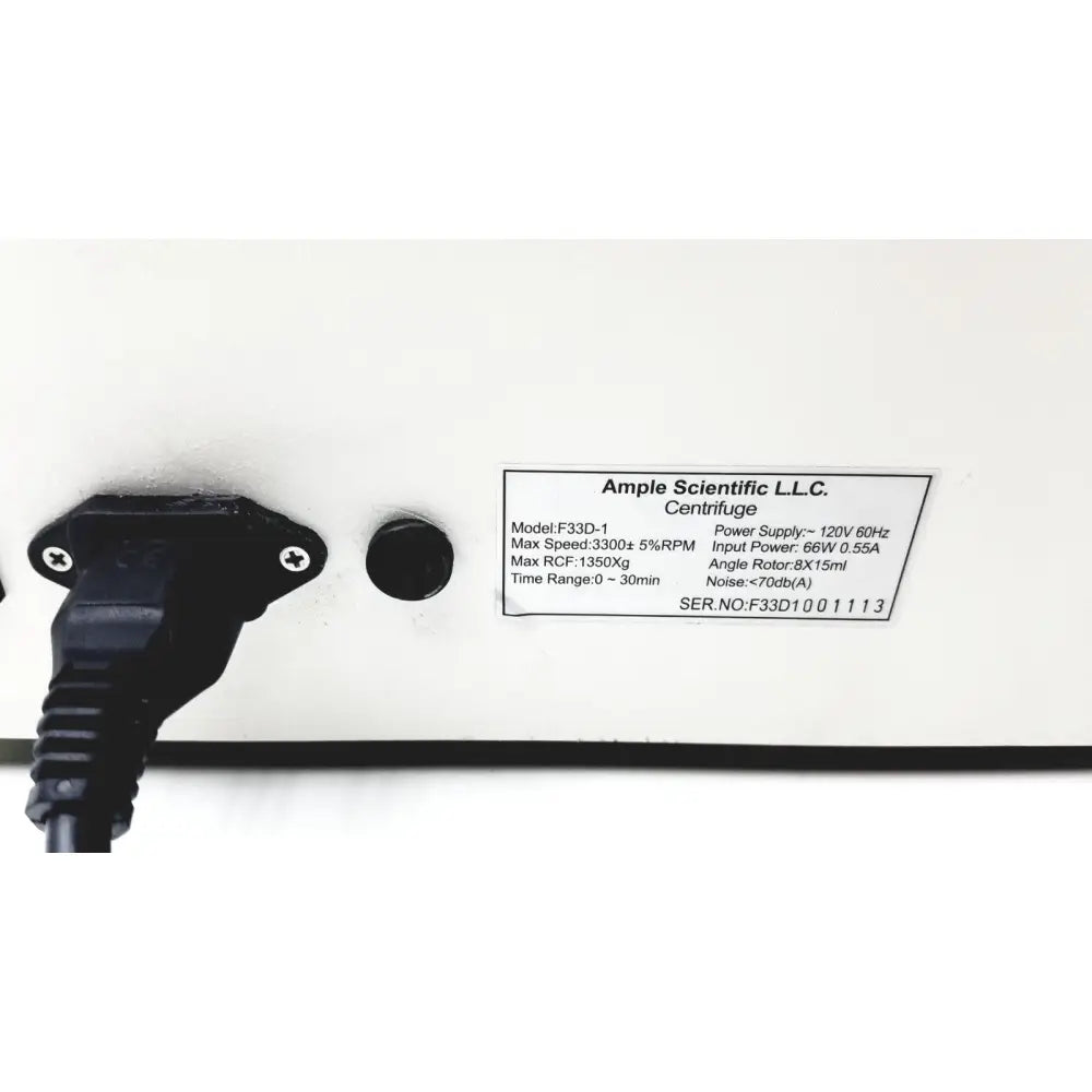 Black power cord plugged into the back of ample scientific champion f-33d digital laboratory centrifuge by ample scientific