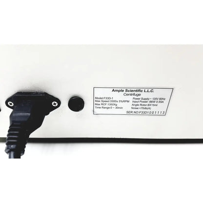 Black power cord plugged into the back of ample scientific champion f-33d digital laboratory centrifuge by ample scientific