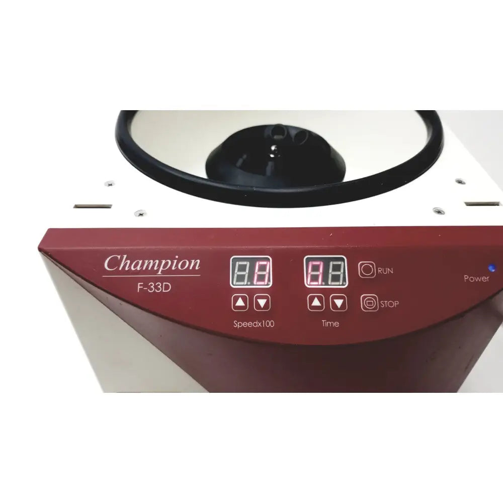 Maroon ample scientific champion f-33d digital laboratory centrifuge with control buttons and digital display panel