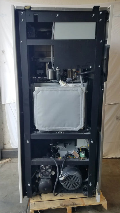 Black AMSCO Steris V-Pro Max low temperature sterilization system with exposed components including gray insulated box and motor