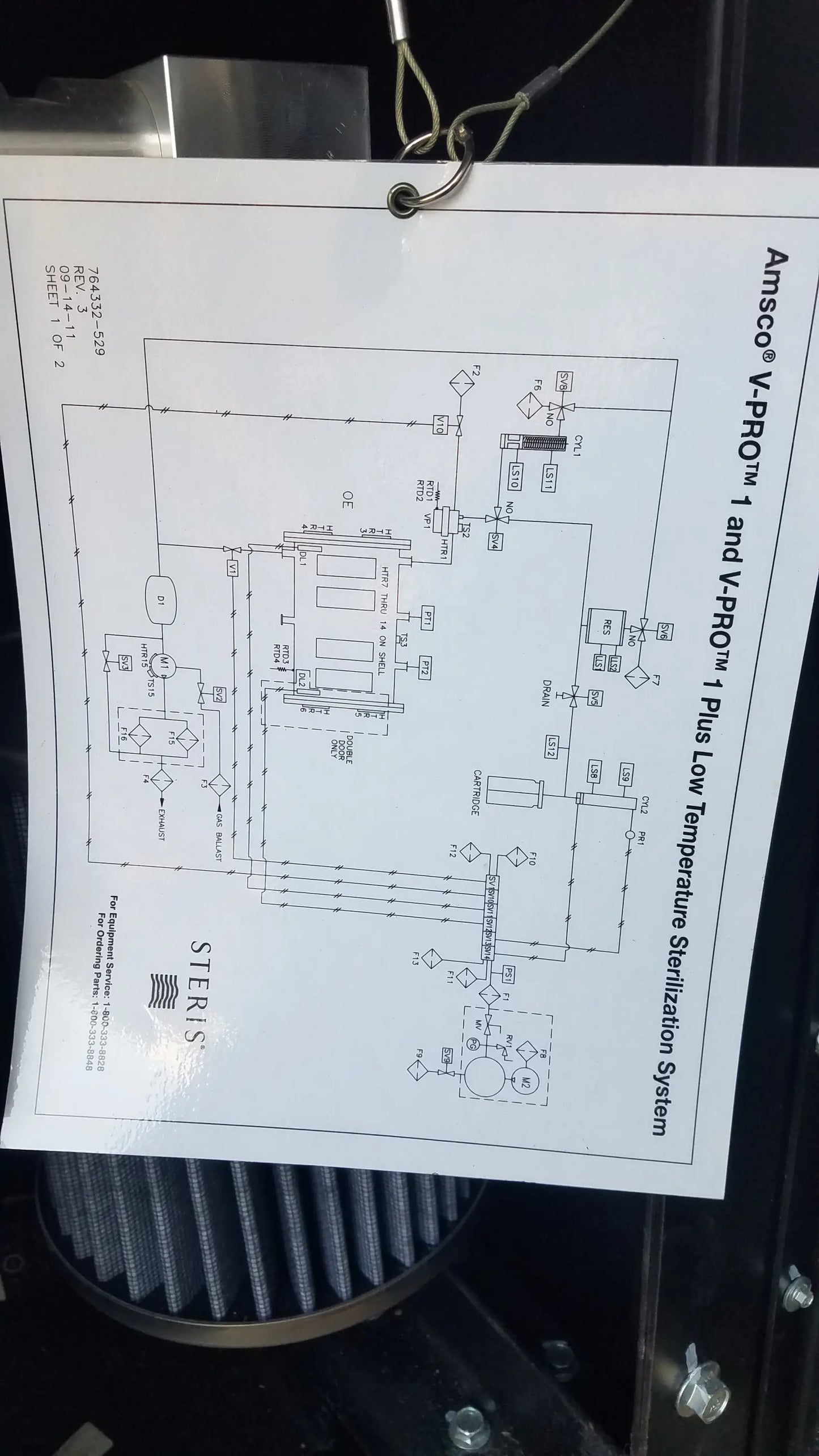 A technical schematic diagram of the amasco v-pro max low temperature sterilization system on white paper with black ink
