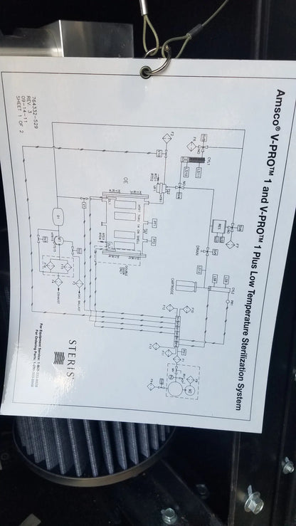 A technical schematic diagram of the amasco v-pro max low temperature sterilization system on white paper with black ink