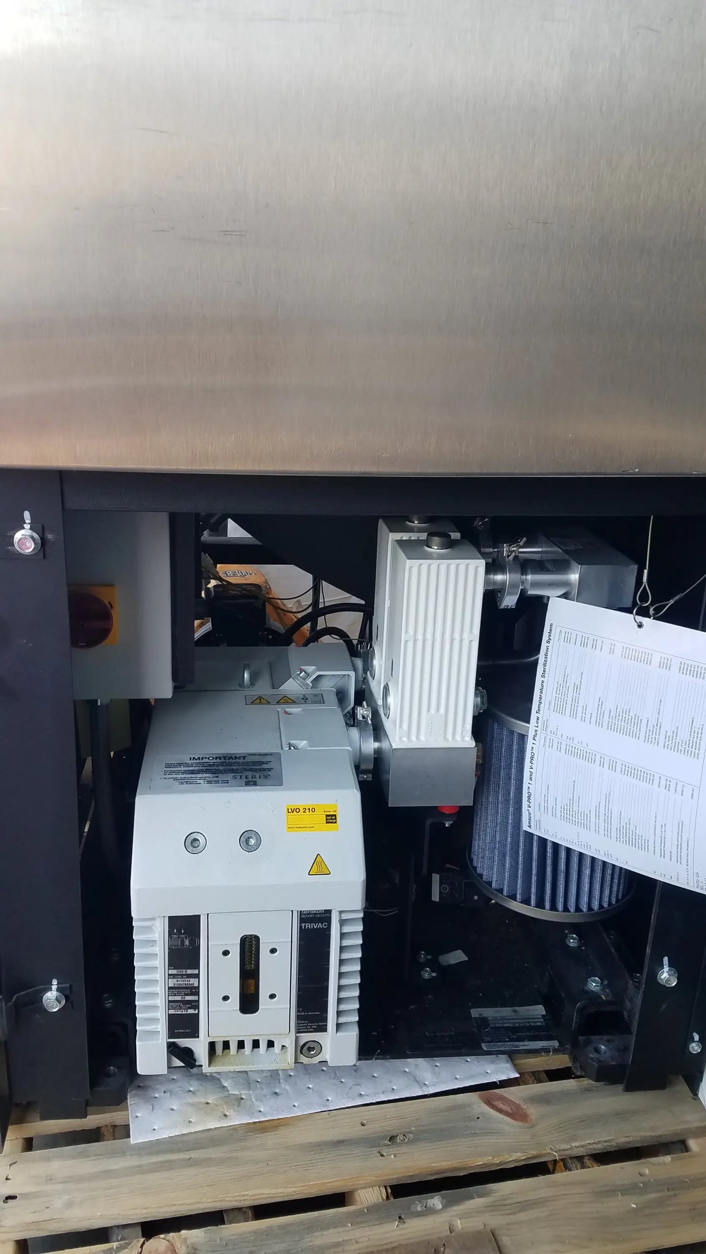White industrial motor control unit with gray and black components mounted on pallet under metallic enclosure for low temperature v-pro max sterilization system