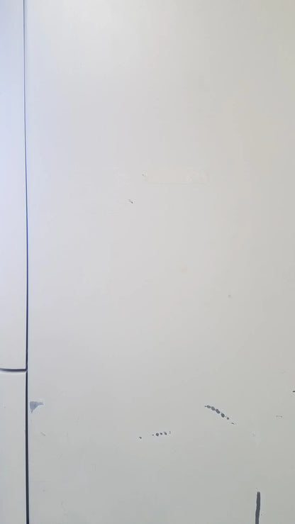 A plain white door with a vertical seam and minor scuff marks on the amsco steris v-pro max low temperature sterilization system
