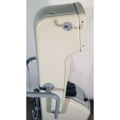 Cream-colored metal-framed medical examination chair with gray accents and curved backrest for angiojet ultra thrombectomy system console 5000a