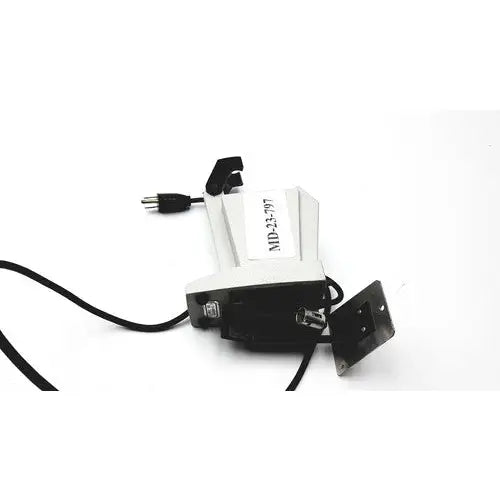 White and black industrial wall-mounted power strip labeled mid-23797 for american optical reichert refractometer table stand