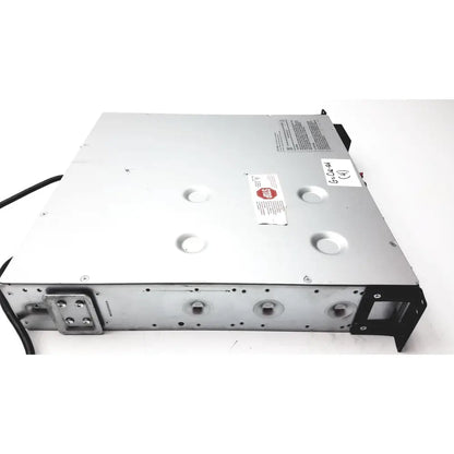 Silver metal server rack with black mounting brackets and ventilation holes in schneider electric smart-ups smt1000rm2u