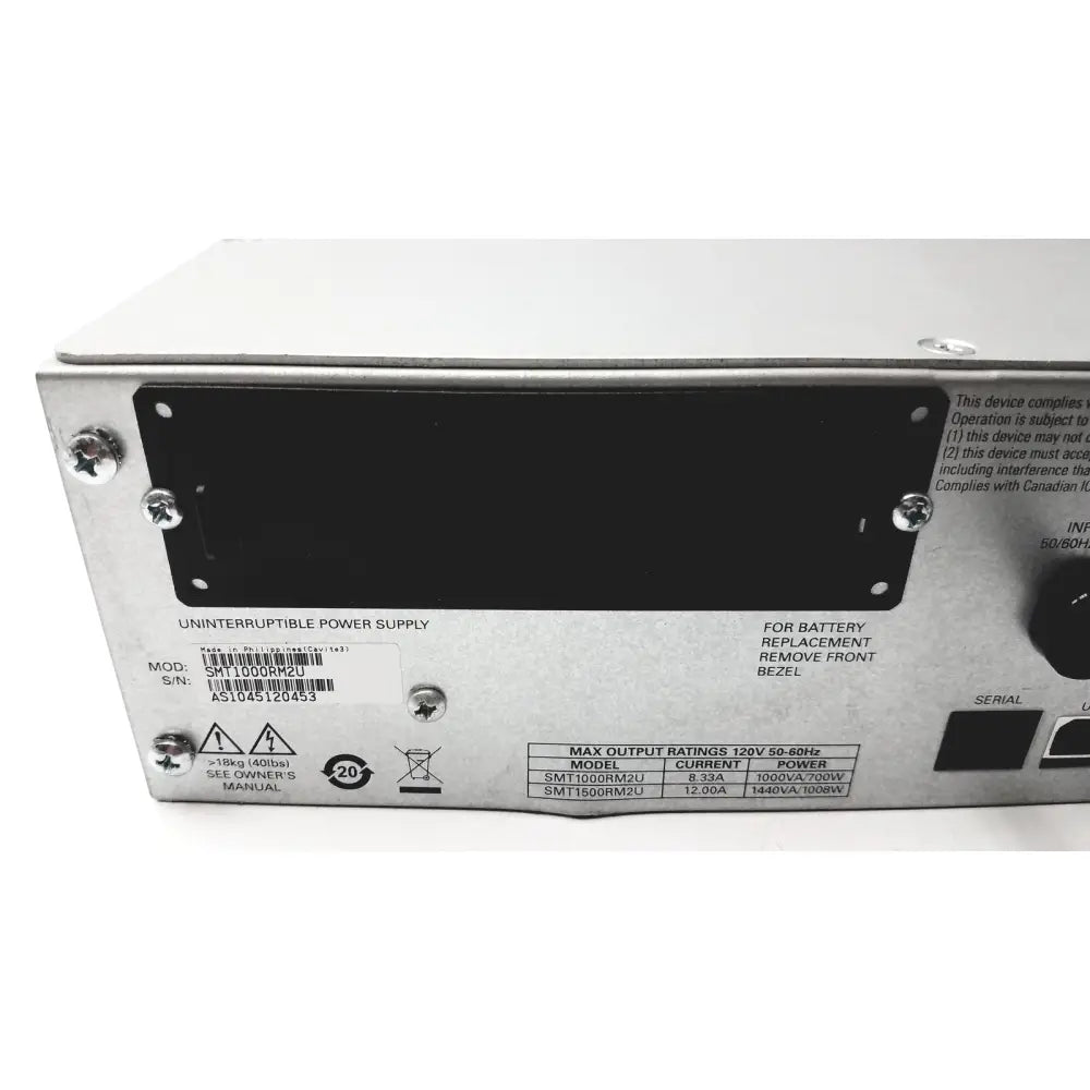 Silver metallic uninterruptible power supply unit with black label and screw fasteners apc by schneider electric smt1000rm2u