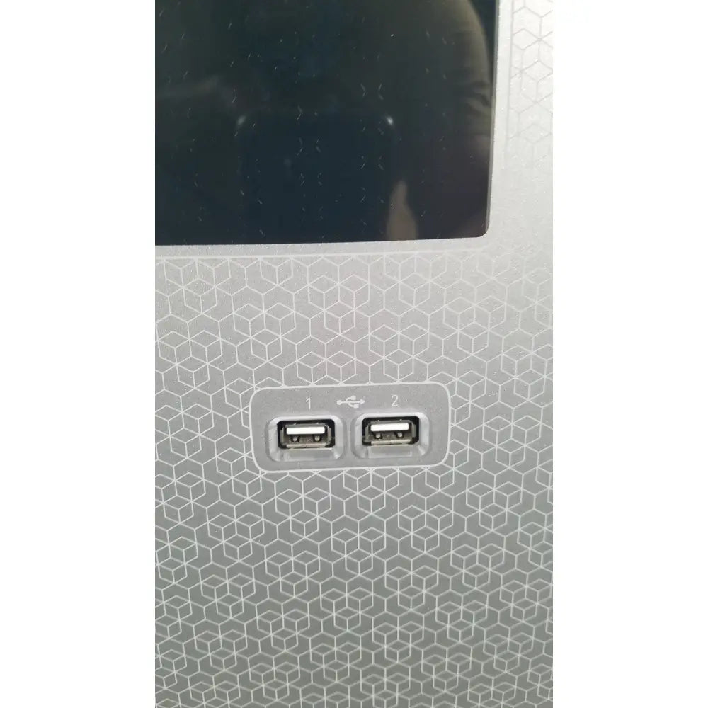 Silver applied biosystems quantstudio dx real-time pcr instrument with hexagonal patterned laptop surface and usb ports 1 and 2