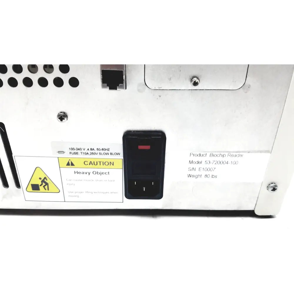 Applied precision introduces arrayworxe biochip reader with a black power switch featuring a red indicator light on white casing